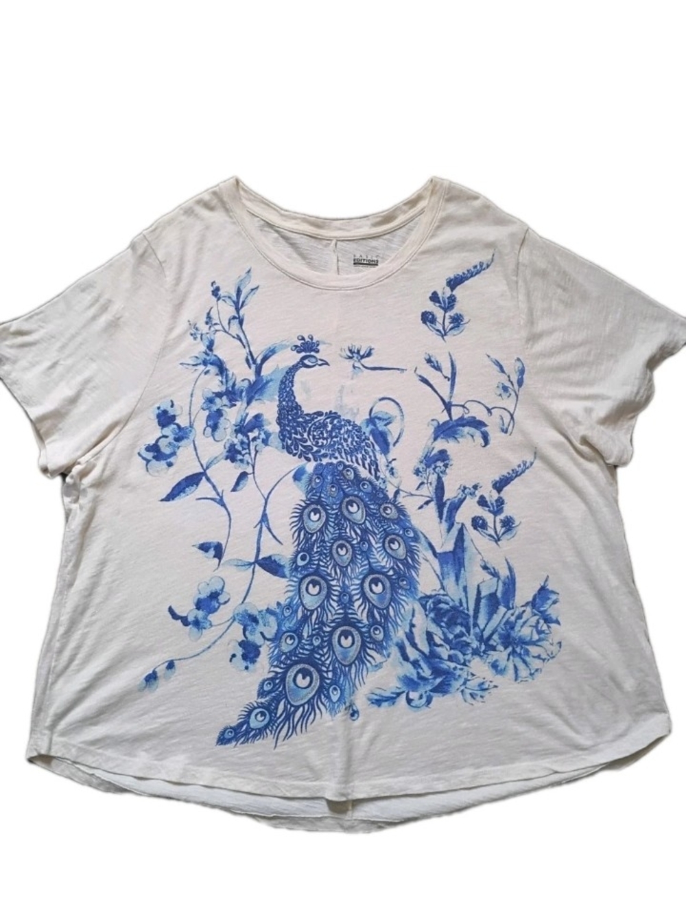 Basic Editions White Tee with Blue Peacock Graphic 100% Cotton